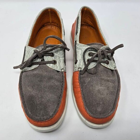 ETRO MILANO ORANGE BROWN LEATHER PAISLEY BOAT SHOES MENS SIZE 41 US 8 - Picture 2 of 9